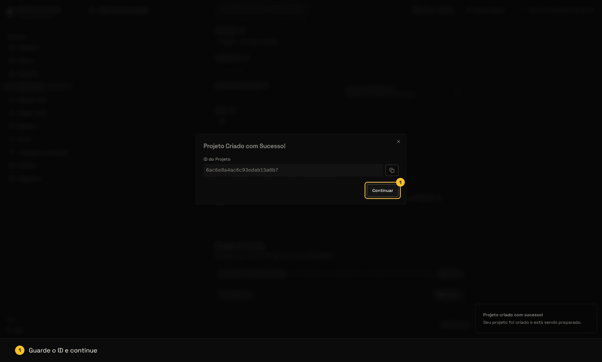 Confirmação Projeto Criado com Sucesso exibindo o ID do projeto